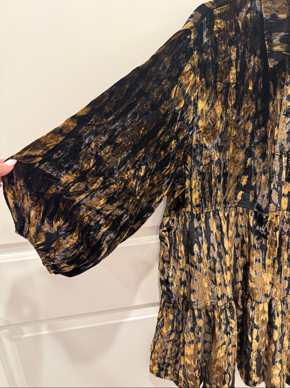 Maeve Black & Gold Bettina Velvet Tiered Mini Shirtdress Size 1X - Picture 4 of 7